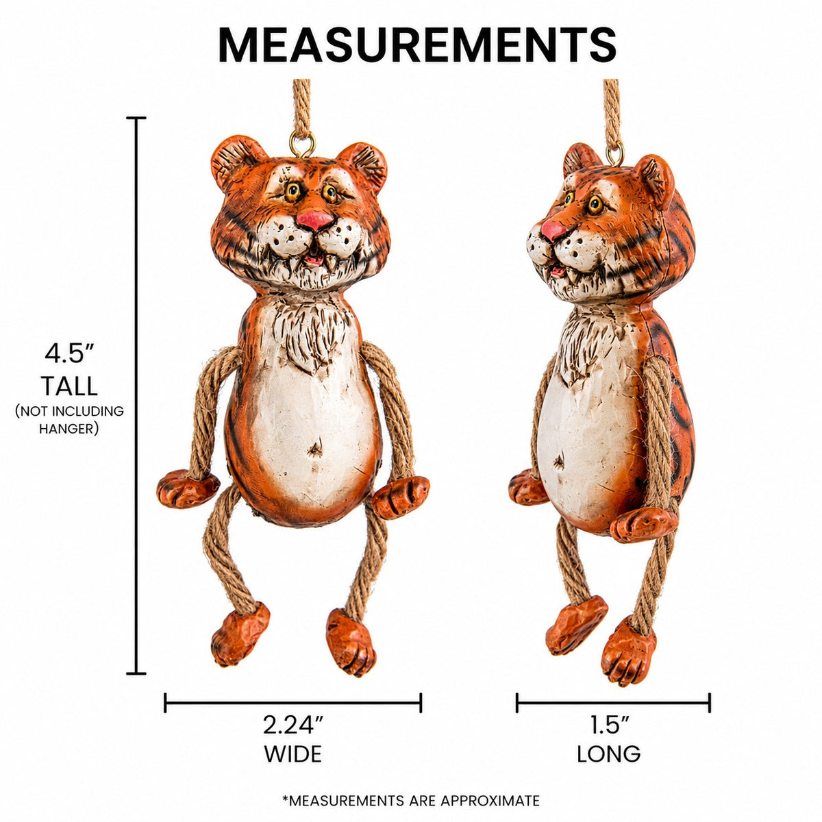 A measurement graphic for a hanging tiger ornament showing two views with dimensions: one 4.5" tall by 2.