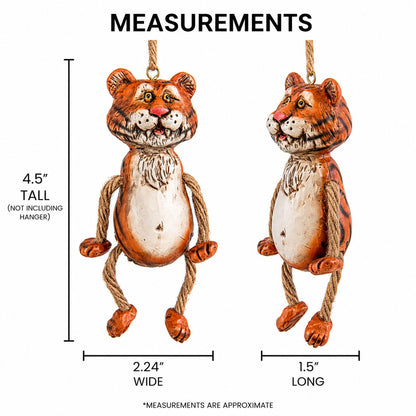 A measurement graphic for a hanging tiger ornament showing two views with dimensions: one 4.5" tall by 2.