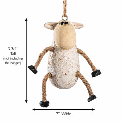 A hanging sheep ornament with a textured cream body, beige head, and twisted rope legs and hanger, shown on a white background with dimension labels indicating 3 3/4 inches tall and 2 inches wide.
