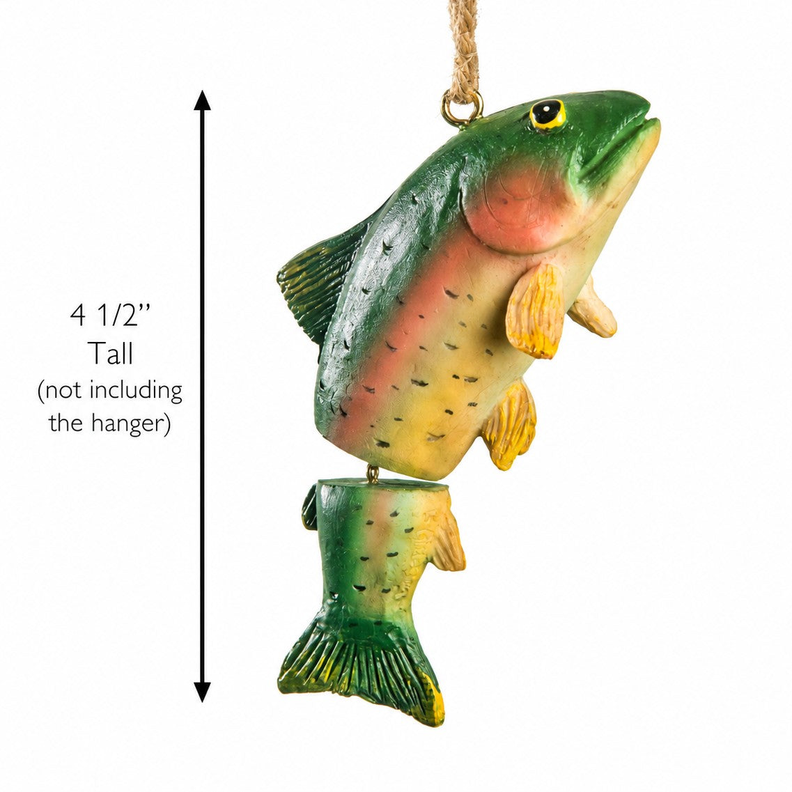 A hanging trout fish ornament  shown on a white background with a height measurement label reading 4 1/2" Tall (not including the hanger).