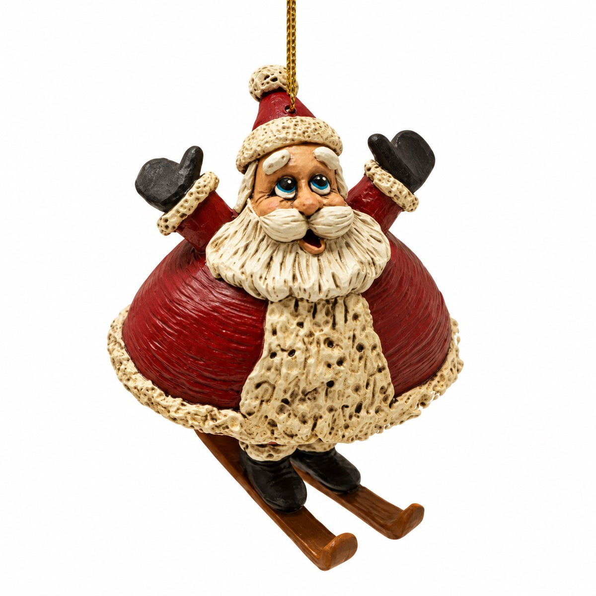 A whimiscal santa ornament wearing  a pair of dangly skis.  