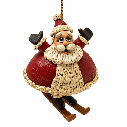 A whimiscal santa ornament wearing  a pair of dangly skis.  