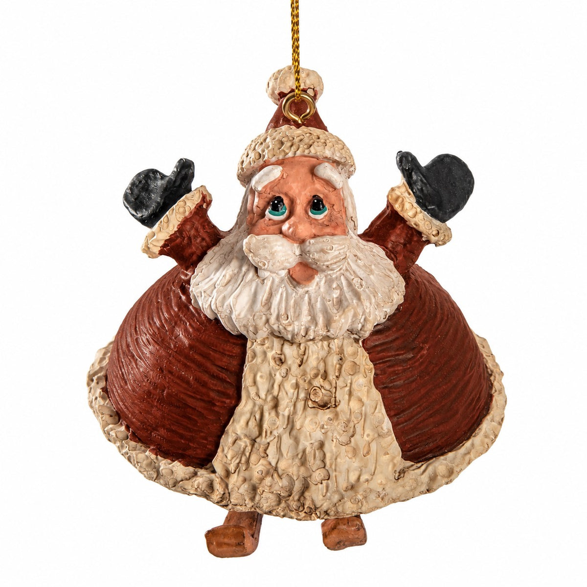 A Santa Claus Christmas ornament with a textured cream beard and coat, brown suit, black mittens, and a gold hanging loop, shown against a plain white background.