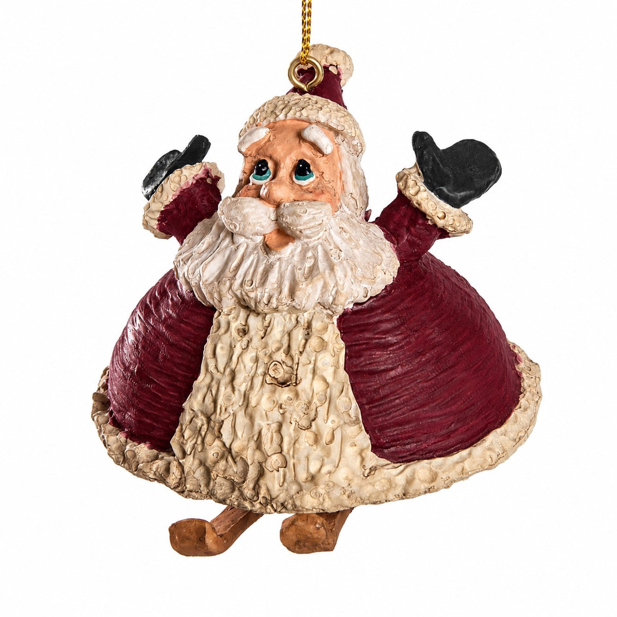 A whimsical Santa Claus hanging ornament with a wide, curly white beard, red coat, and black mittens, suspended by a gold string against a plain white background.  By artist Bert Anderson