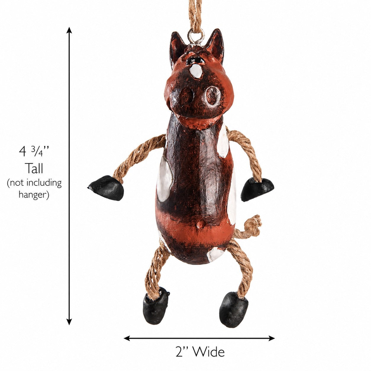 A hanging resin horse ornament with rope limbs and black-painted hooves, shown on a white background with dimension labels indicating 4 3/4 inches tall and 2 inches wide.