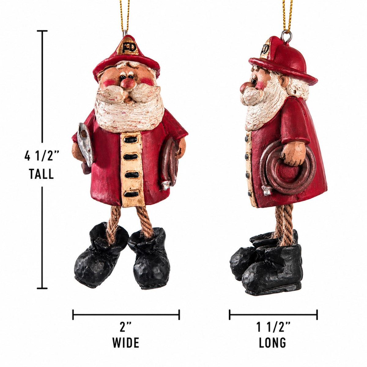 A red firefighter Santa ornament shown from front and side views on a white background, with measurement lines and text indicating 4 1/2" tall, 2" wide, and 1 1/2" long.