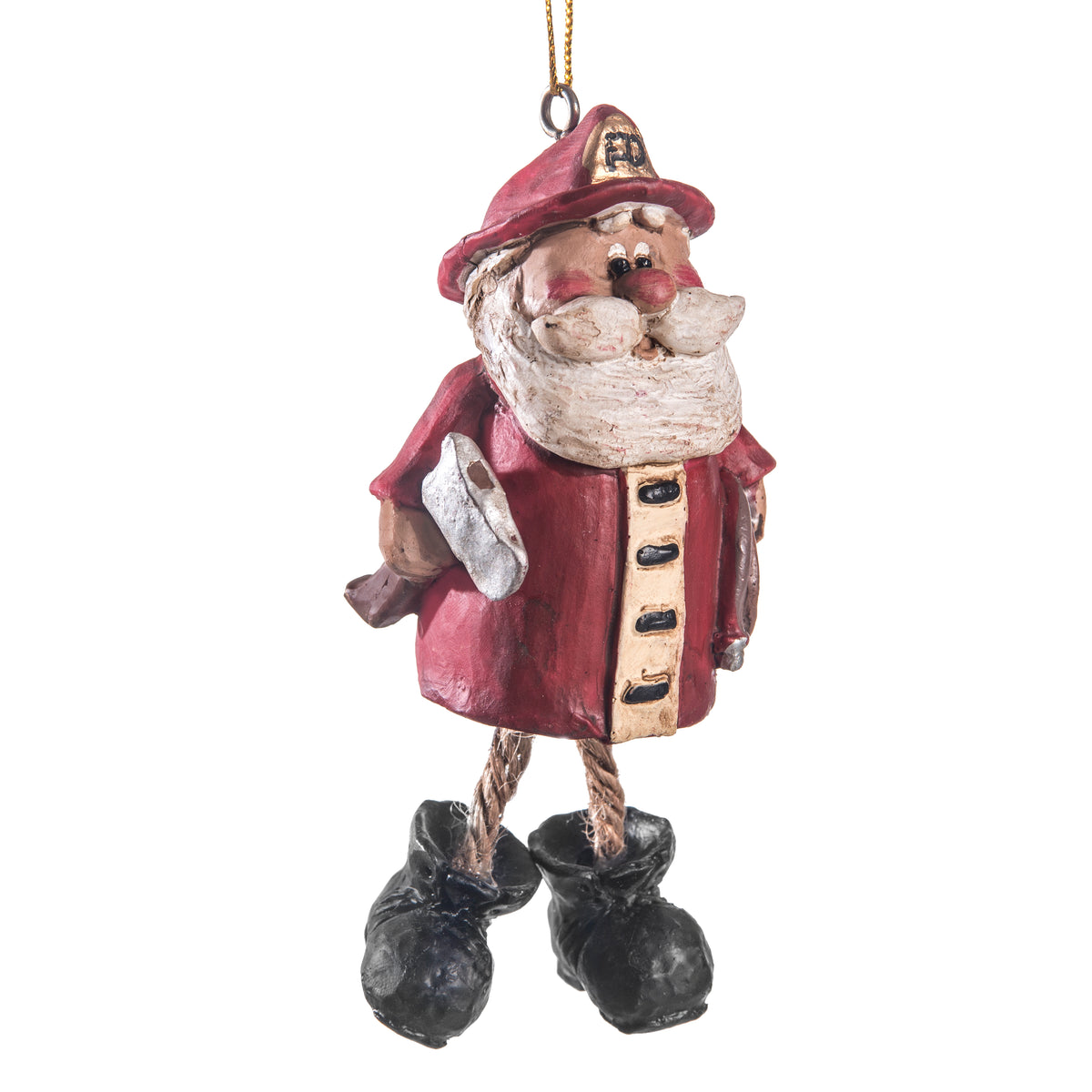 A rustic Santa Claus firefighter hanging ornament with a red hat and coat, white beard, black boots, and a gold hanging loop, shown against a plain white background.