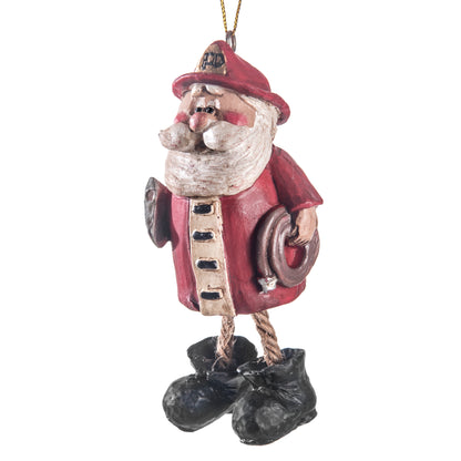 A festive Santa Claus firefighter Christmas ornament with a red hat and coat, white beard, and black boots, shown against a plain white background.