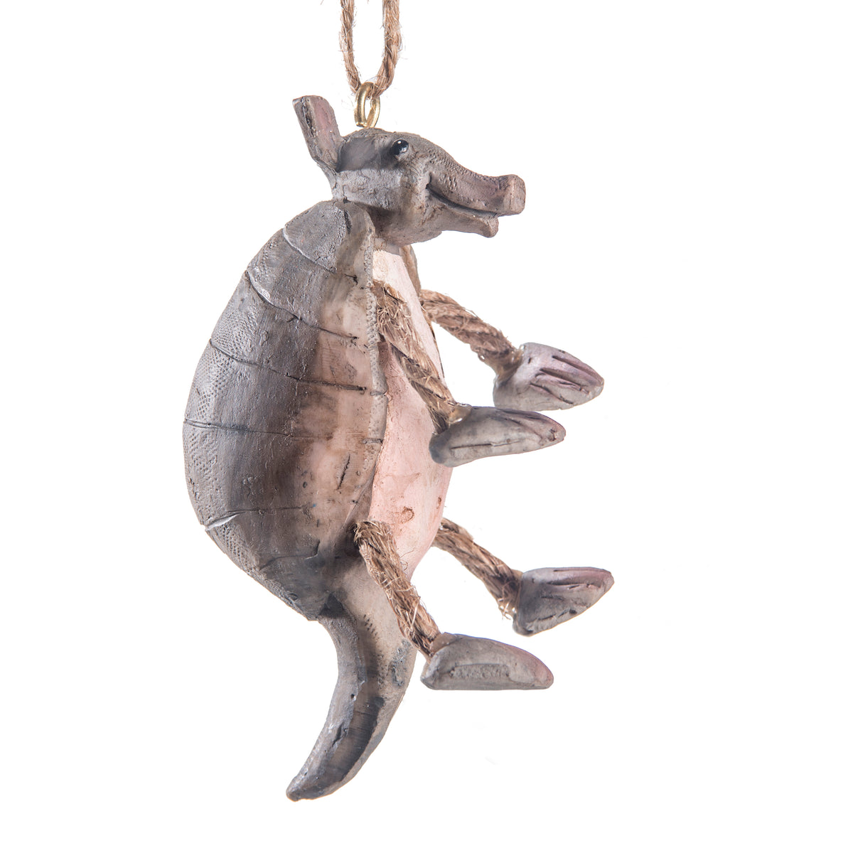 A rustic armadillo hanging ornament with a textured gray and brown shell, rope details on its limbs, and a small gold hanging loop at the top, shown against a plain white background.