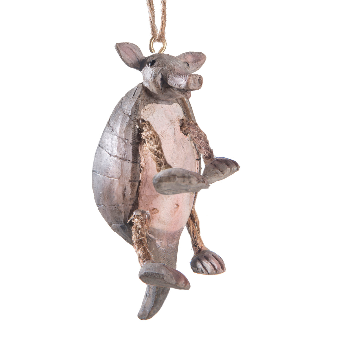 A rustic armadillo hanging ornament with a weathered gray and brown textured finish, featuring a natural jute hanging loop at the top, shown against a plain white background.