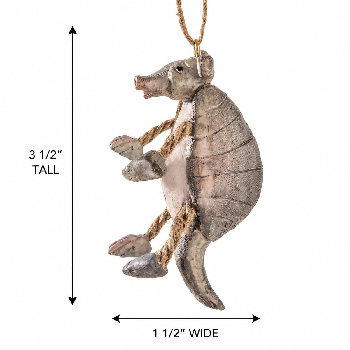 A hanging armadillo ornament shown on a white background with dimension arrows and text indicating 3 1/2 inches tall and 1 1/2 inches wide.