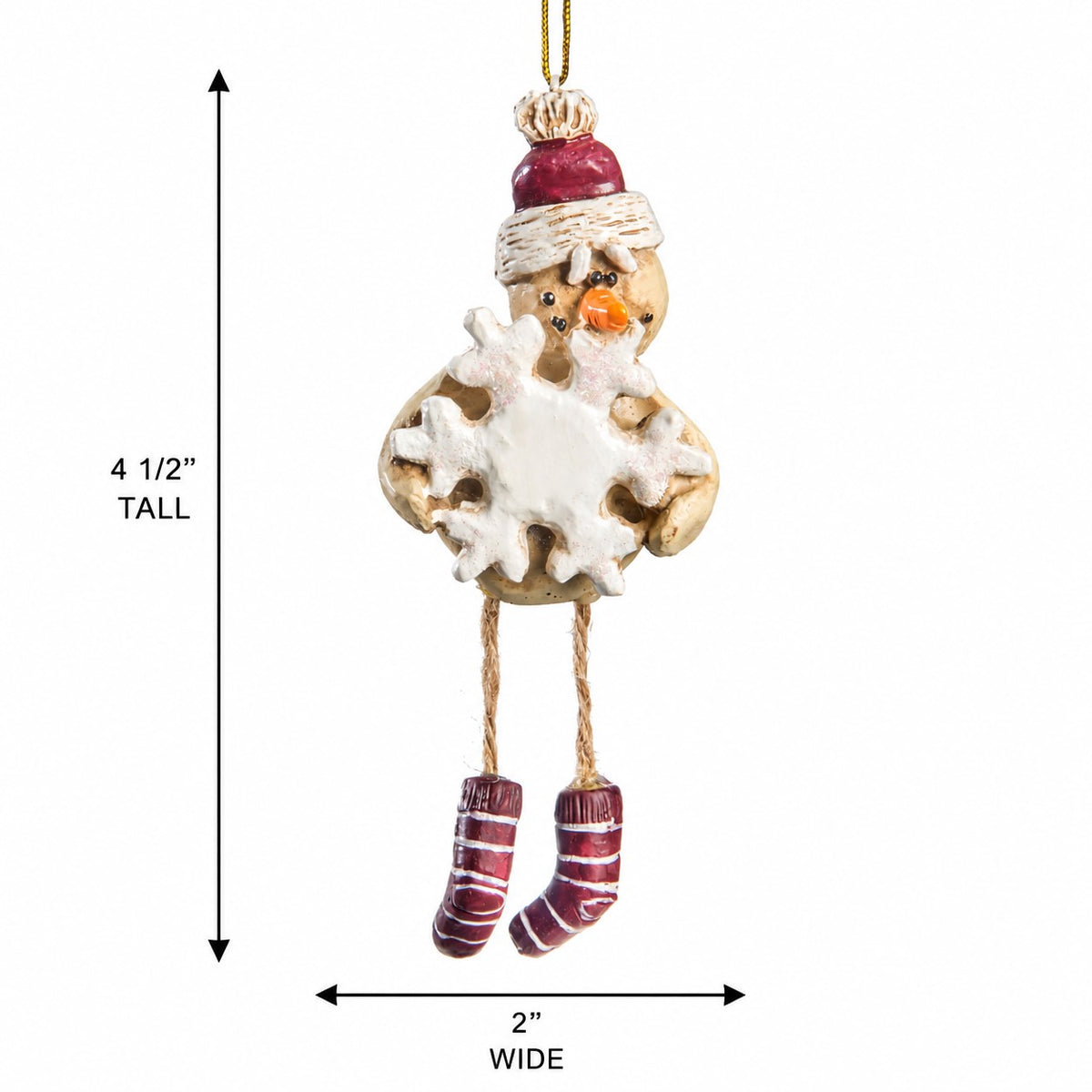 A hanging snowman ornament with a red hat, white scarf and snowflake body, orange carrot nose, and red-and-white striped socks, shown with dimension arrows labeled 4 1/2 inches tall and 2 inches wide on a white background. Reproduction of an original clay sculpture by Bert Anderson.