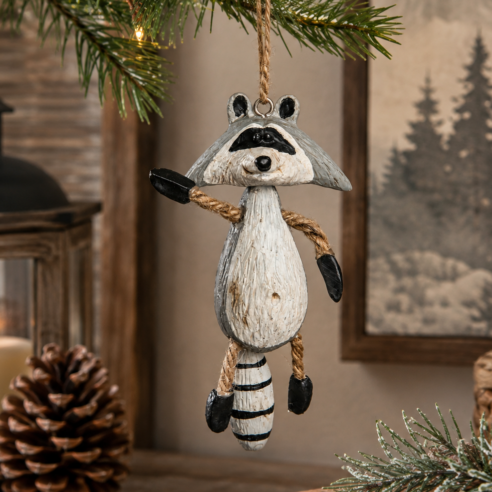 A hanging raccoon Christmas ornament.  Resin made to look like a distressed wood carving.