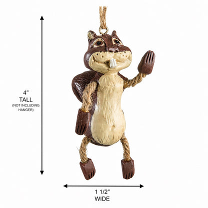 A hanging squirrel ornament shown on a white background with measurement arrows and text indicating 4 inches tall and 1 1/2 inches wide.