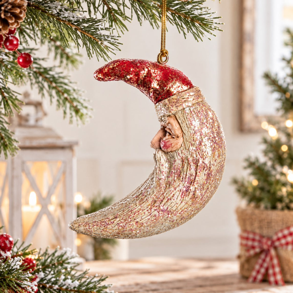 Bert Anderson crescent moon Santa ornament with shimmering finish displayed in light Christmas home décor with soft greenery and warm lights.