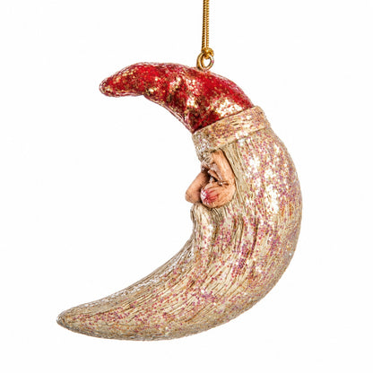 A Cresent Moon Santa ornament  that sparkes and shimmers.  Hanging Crescent Mon Santa Ornament by Bert Anderson.