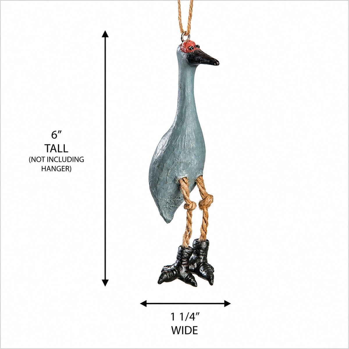 Sandhills crane bird ornament  shown on a white background with dimension arrows and text indicating 6 inches tall and 1 1/4 inches wide.