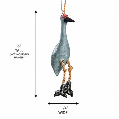 Sandhills crane bird ornament  shown on a white background with dimension arrows and text indicating 6 inches tall and 1 1/4 inches wide.
