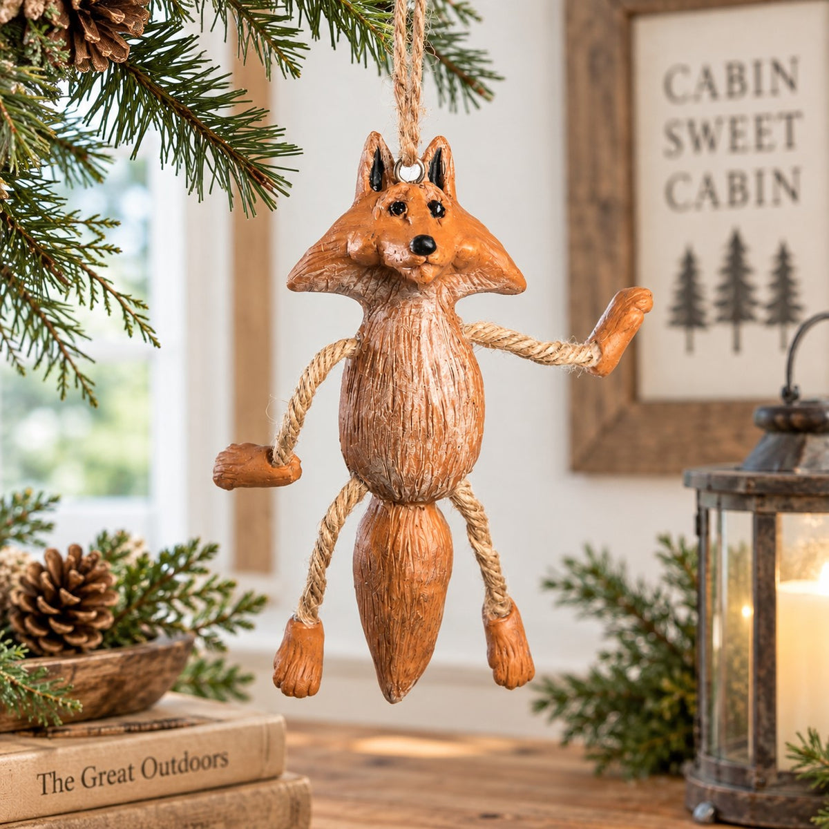 A rustic fox hanging ornament with rope limbs and a hanging loop, displayed on a Christmas tree branch in a cozy cabin-themed setting with pinecones, books, and a lantern.