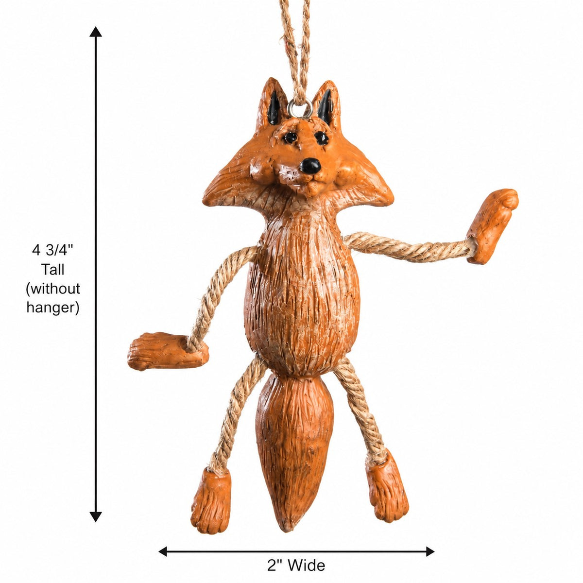 A hanging fox ornament with rope limbs and a hanger, shown on a white background with dimension arrows and text indicating 4 3/4 inches tall without hanger and 2 inches wide.