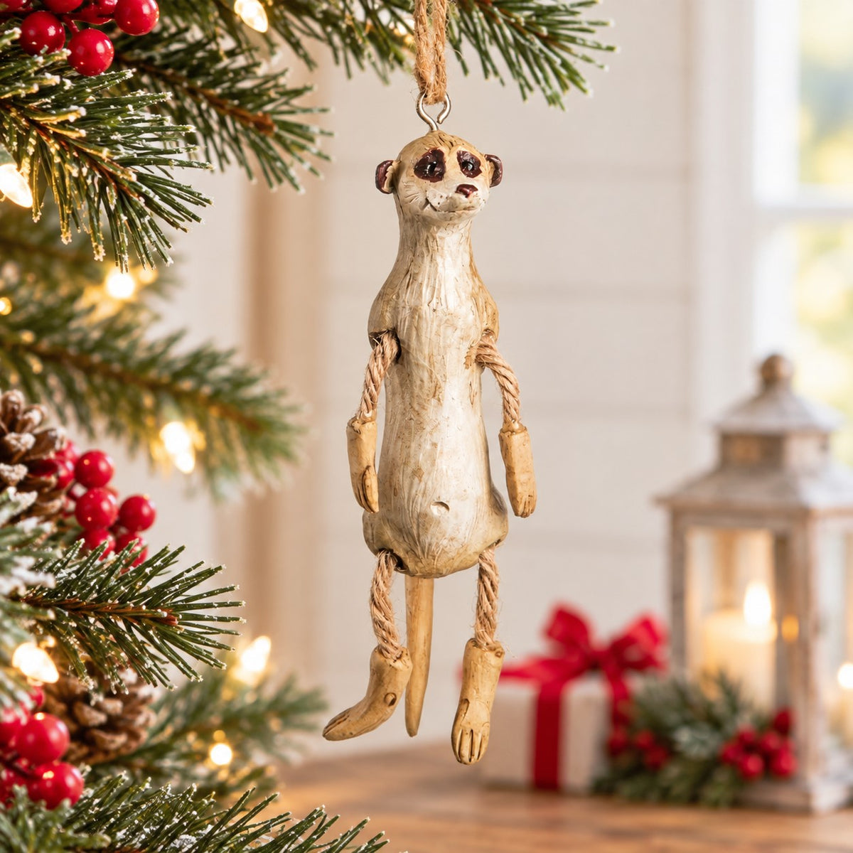 Bert Anderson meerkat ornament with dangling rope arms and legs displayed in bright Christmas home décor with warm lights, red berries and holiday accents.