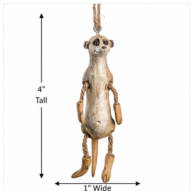 Meerkat hanging Christmas ornament shown on a white background with dimension arrows labeled 4 inches tall and 1 inch wide.