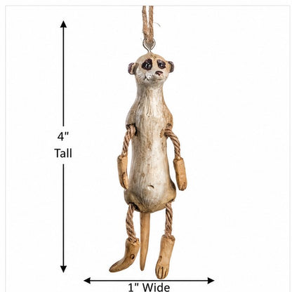 Meerkat hanging Christmas ornament shown on a white background with dimension arrows labeled 4 inches tall and 1 inch wide.