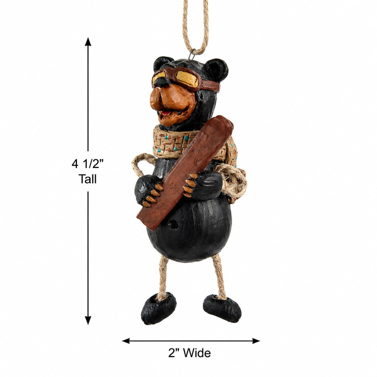 Hanging bear ornament shown on a white background with measurement arrows indicating 4 1/2 inches tall and 2 inches wide.