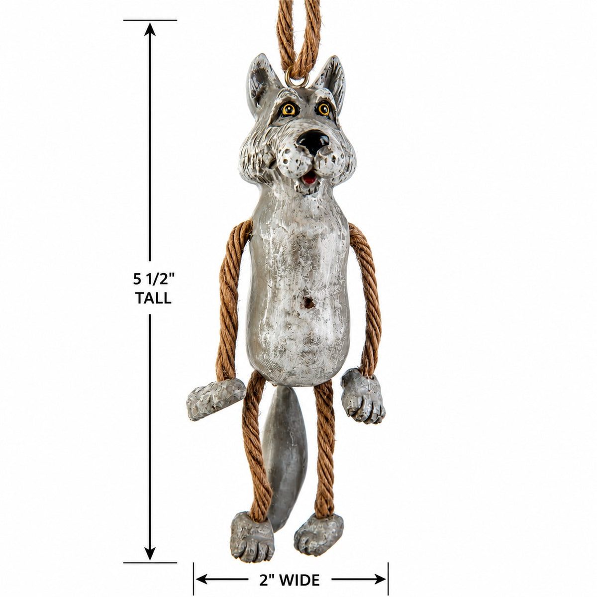 Rustic wolf hanging ornament with measuements 5 1/2" tall and 2" wide 