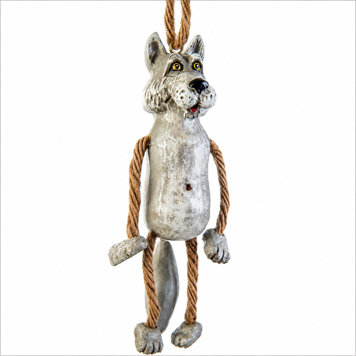 Hand painted wolf ornament with dangly arms and legs.  White background