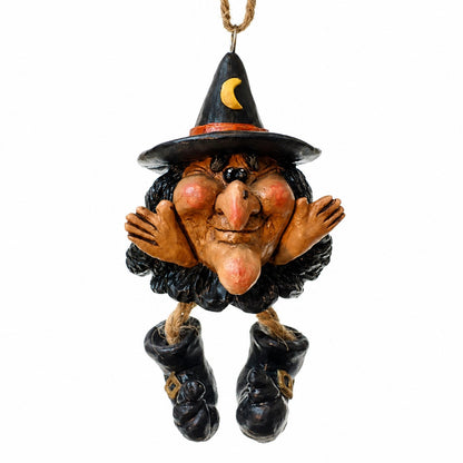 Suggestion


A hanging Halloween ornament shaped like a mischievous witch with a black hat featuring a yellow crescent moon, rosy cheeks, black hair, and black boots, shown against a plain white background.