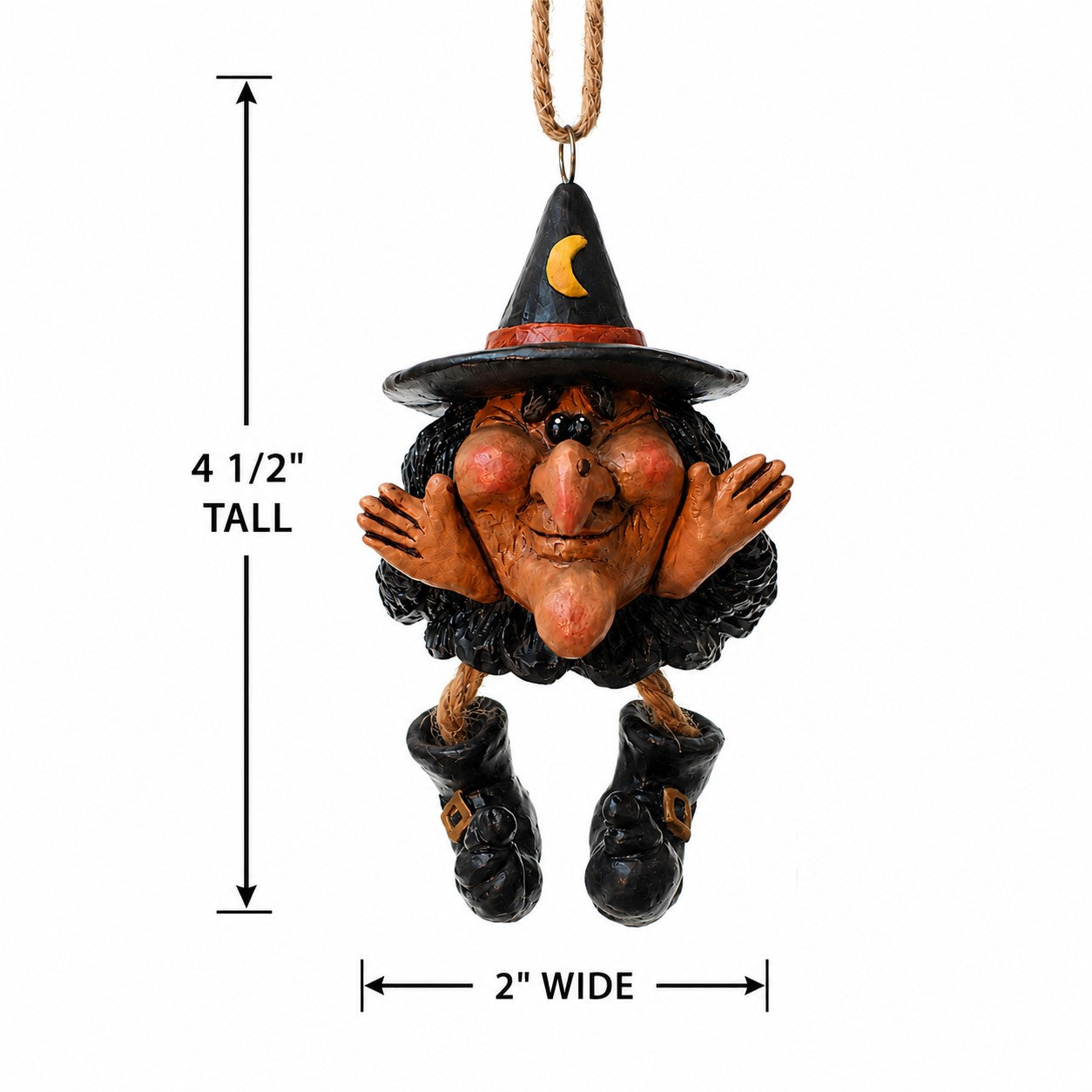 A hanging witch ornament shown on a white background with dimension arrows indicating 4 1/2 inches tall and 2 inches wide.