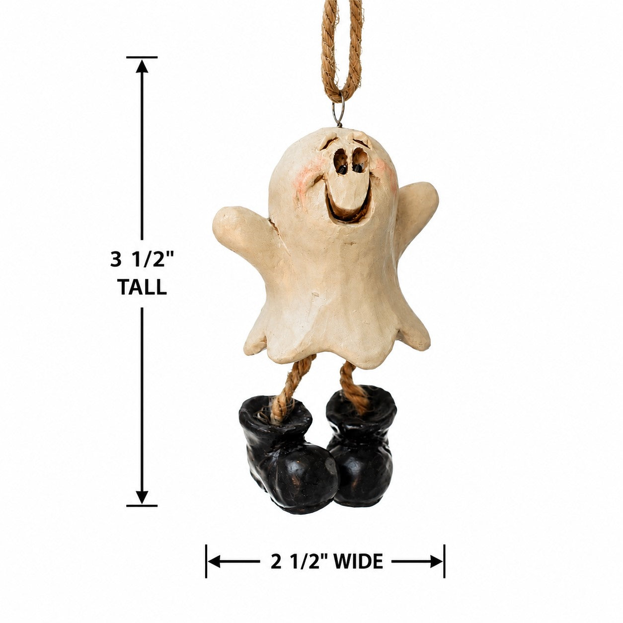 A ghost-shaped hanging ornament with a rope loop at the top, shown on a white background with dimension lines indicating 3 1/2 inches tall and 2 1/2 inches wide.
