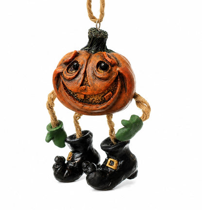 A Halloween hanging ornament shaped like a carved orange pumpkin with a smiling face, rope arms, green gloves, and black witch boots on a white background.

