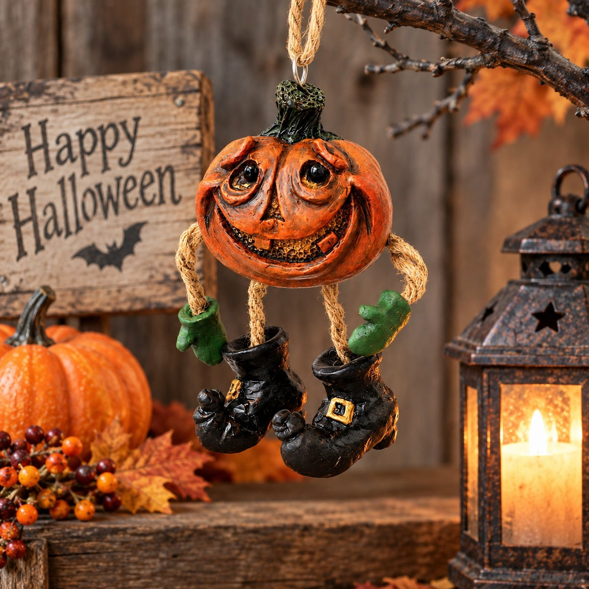 Bert Anderson pumpkin ornament with dangling black boots displayed in rustic Halloween décor with pumpkins, autumn leaves, lantern and wood accents.