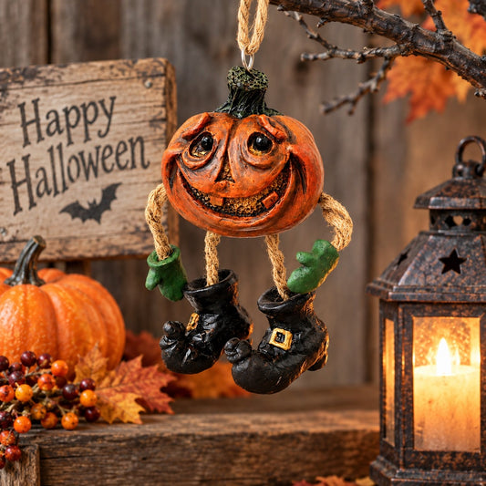 Bert Anderson pumpkin ornament with dangling black boots displayed in rustic Halloween décor with pumpkins, autumn leaves, lantern and wood accents.