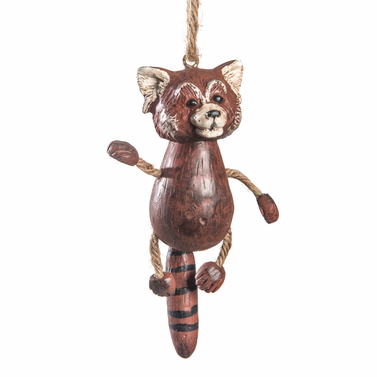 Red panda Christmas ornament hand painted detail with  dangly rope arms and legs.  Part of the Bert Anderson zoo collection.