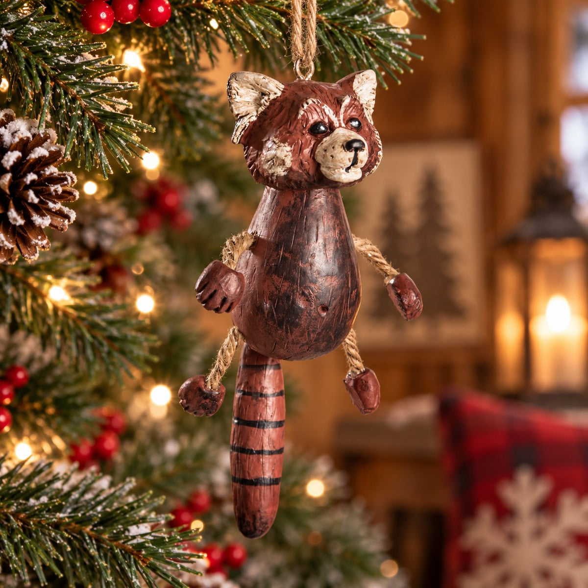 Bert Anderson dangly red panda ornament with striped tail hanging on a festive Christmas tree with warm lights and red berries.