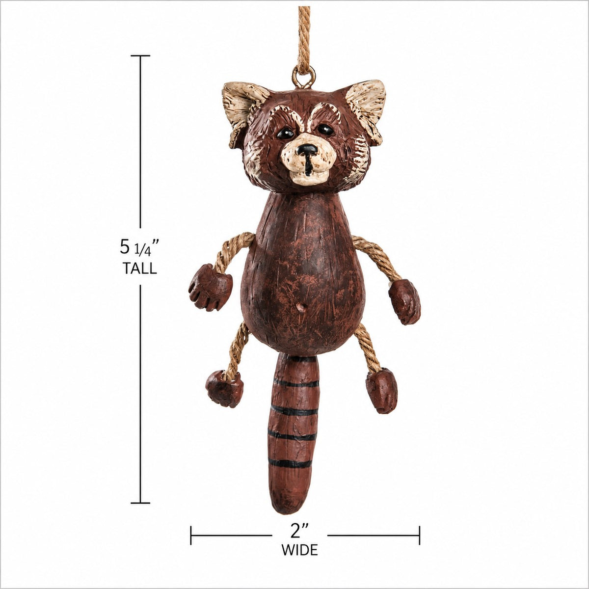 Red Panda Christmas ornament with measurements shown: 5 1/4" tall 2" wide
