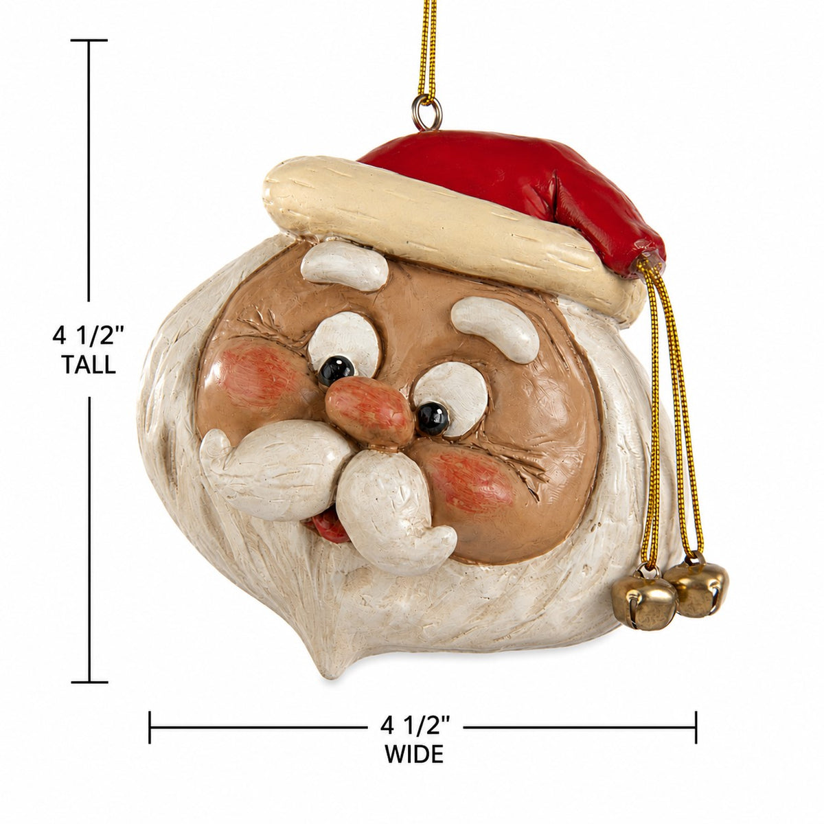 A Santa Claus ornament shown on a white background with dimension lines indicating 4 1/2 inches tall and 4 1/2 inches wide.