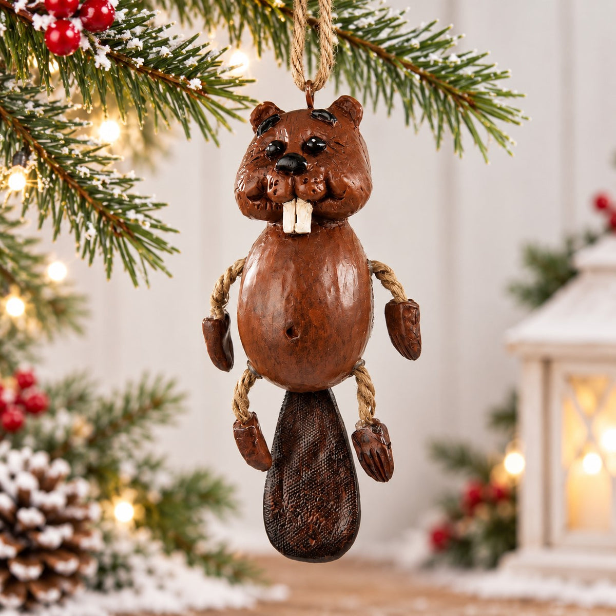 Bert Anderson beaver ornament with dangling rope legs and broad tail hanging from snowy evergreen branches with warm Christmas lights and red berries.
