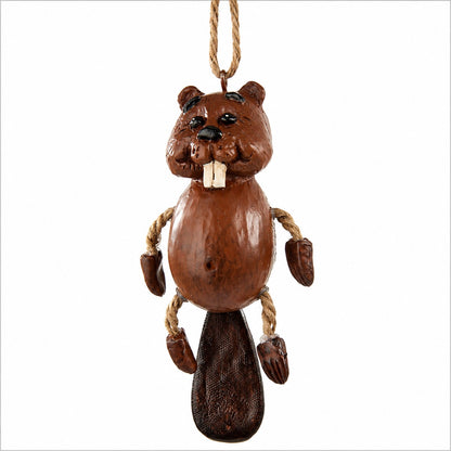 Bert Anderson Beaver Ornament with dangly rope arms and legs on a white background.