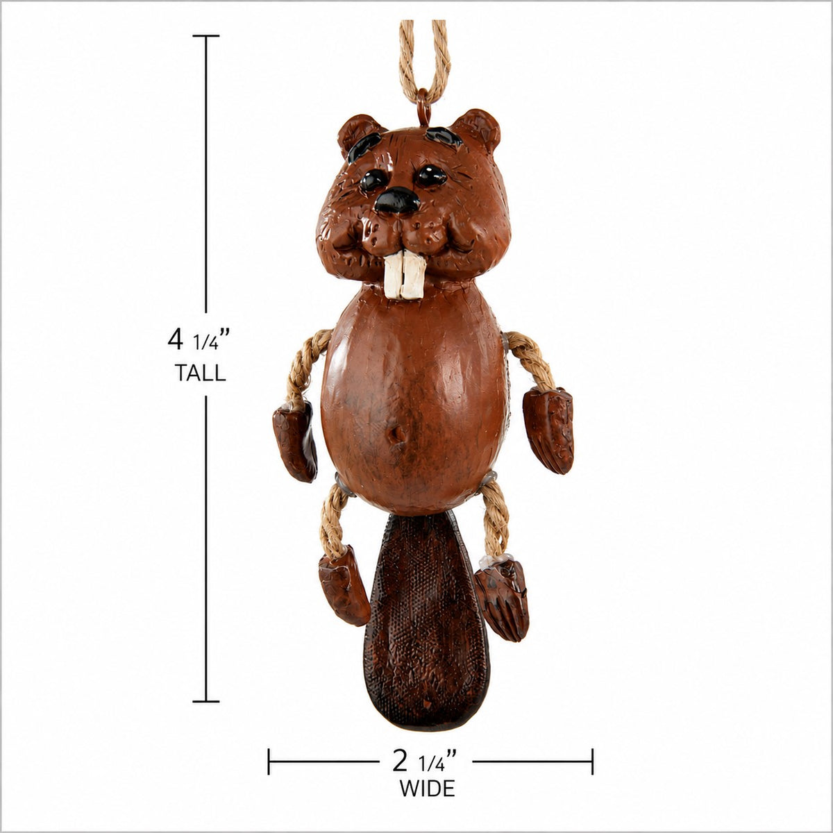 A resin beaver ornament or decoration shown on a white background with measurement lines indicating 4 1/4 inches tall and 2 1/4 inches wide.