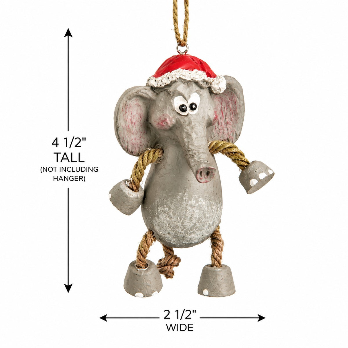 Whimsical elephant ornament wearing a Santa hat.  Measurement  shown 4 1/2" tall and 2 1/2"  wide on a white background.