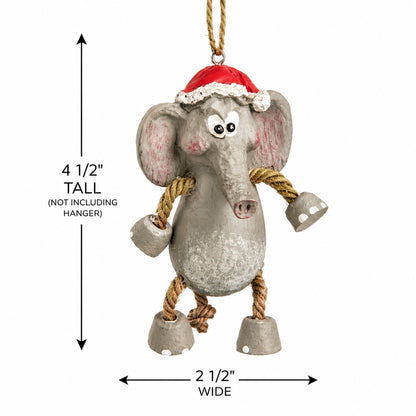 Whimsical elephant ornament wearing a Santa hat.  Measurement  shown 4 1/2" tall and 2 1/2"  wide on a white background.