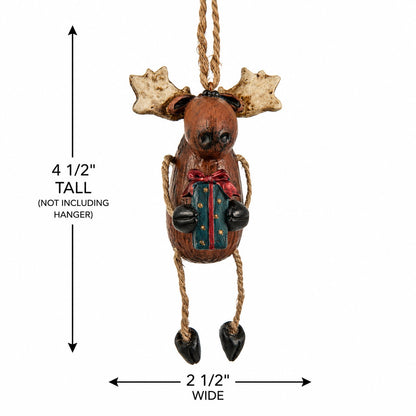 Dangly Christmas Moose ornament with measurements listed 4 1/2" tall and 2 1/2" wide.