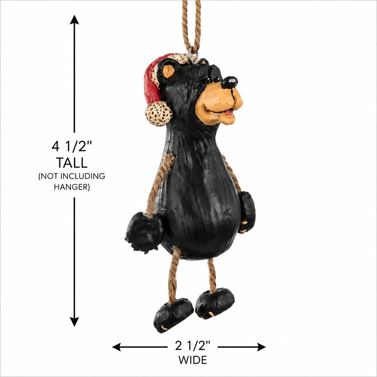 A black bear hanging ornament with a red Santa hat, shown on a white background with dimension arrows indicating 4 1/2 inches tall and 2 1/2 inches wide.