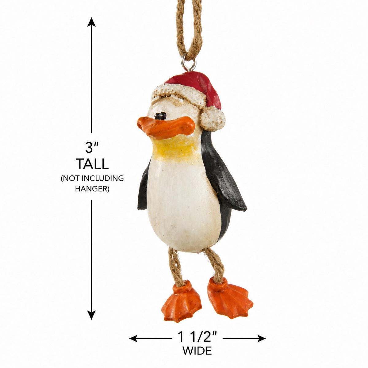 Bert Anderson pengin ornament with Christmas hat on whie background with measurements 3" tall and 1 1/2" wide.