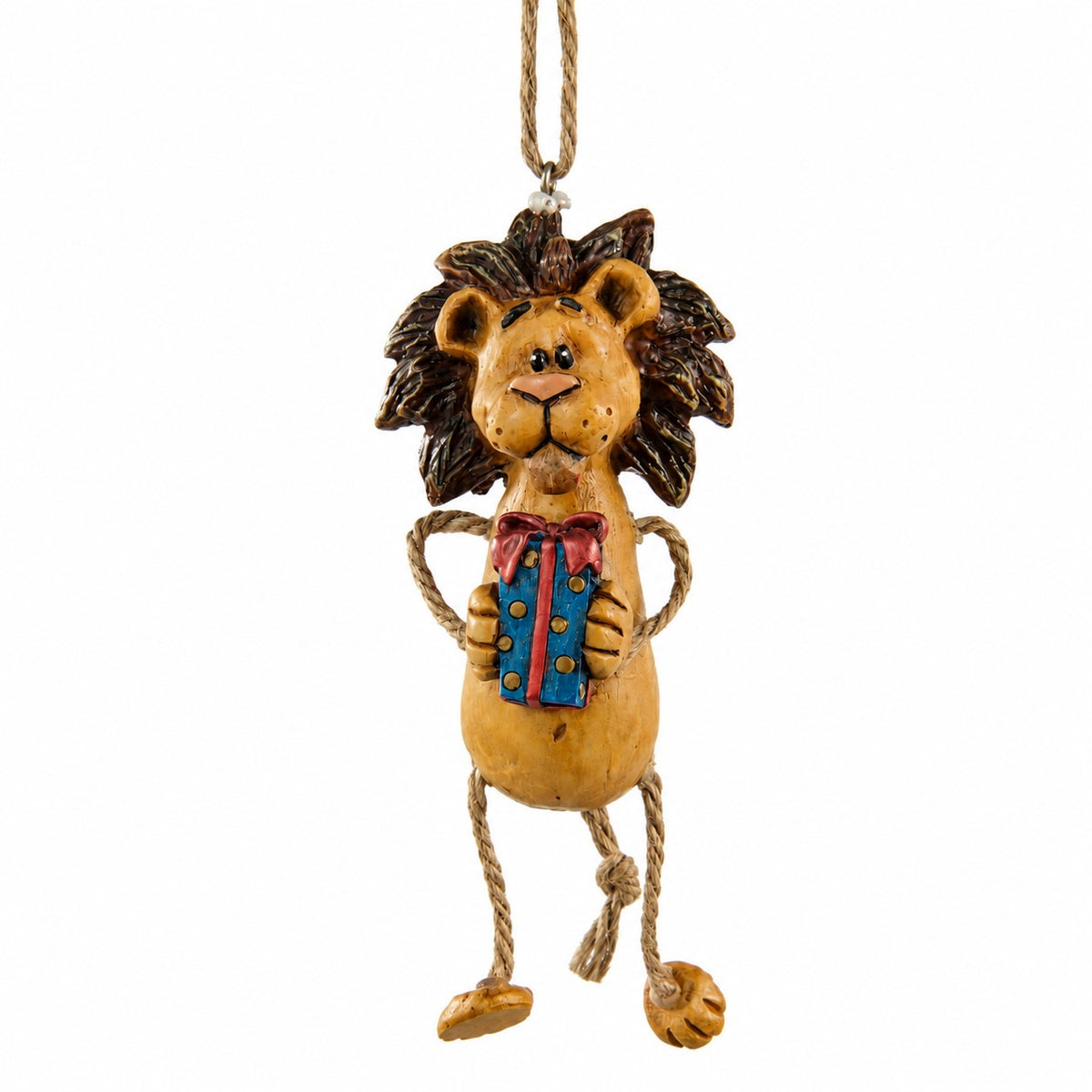 A whimsical lion hanging ornament with  rope legs, holding a blue gift box  shown on a plain white background.