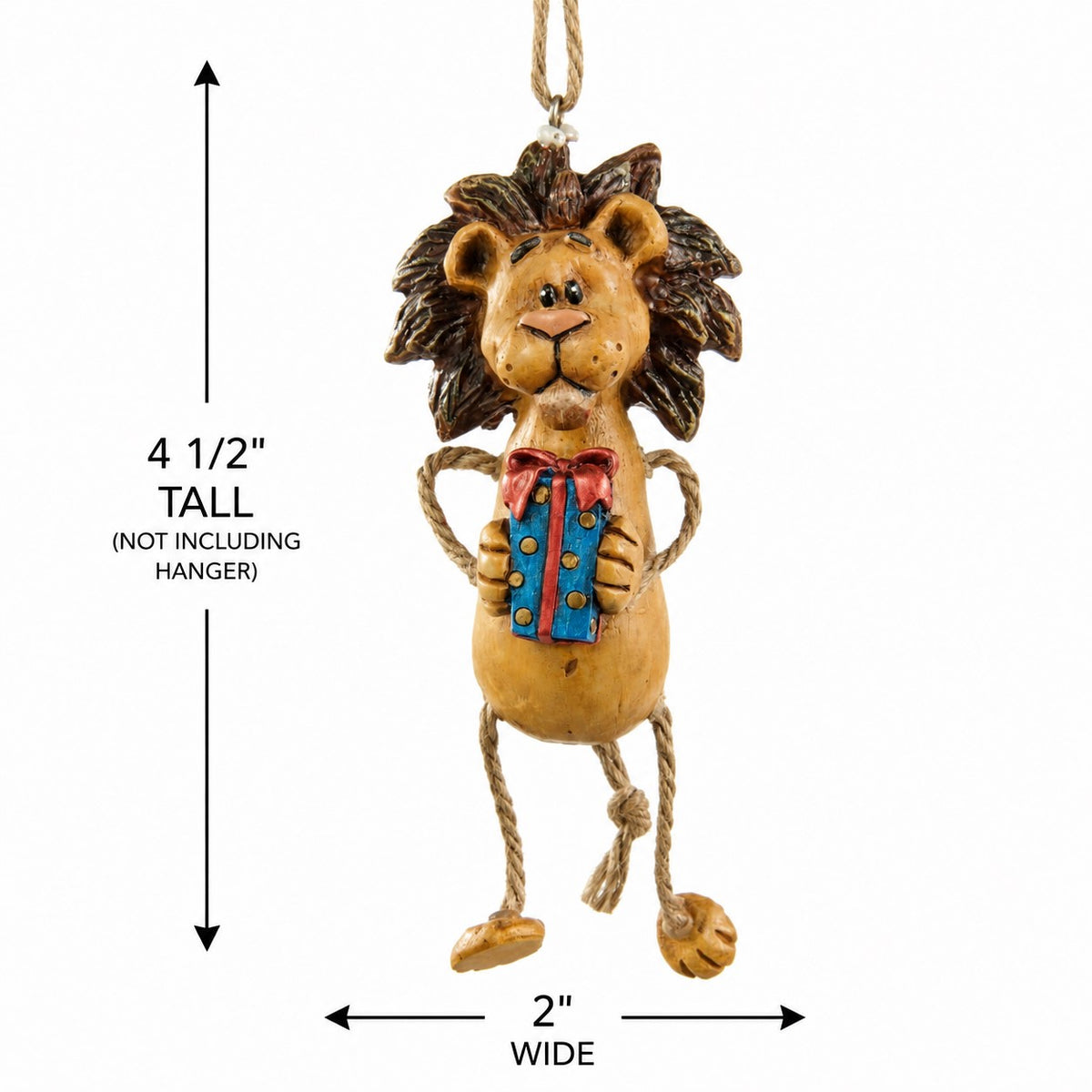 A hanging lion ornament holding a Christmas present shown on a white background with dimension arrows indicating 4 1/2 inches tall and 2 inches wide.